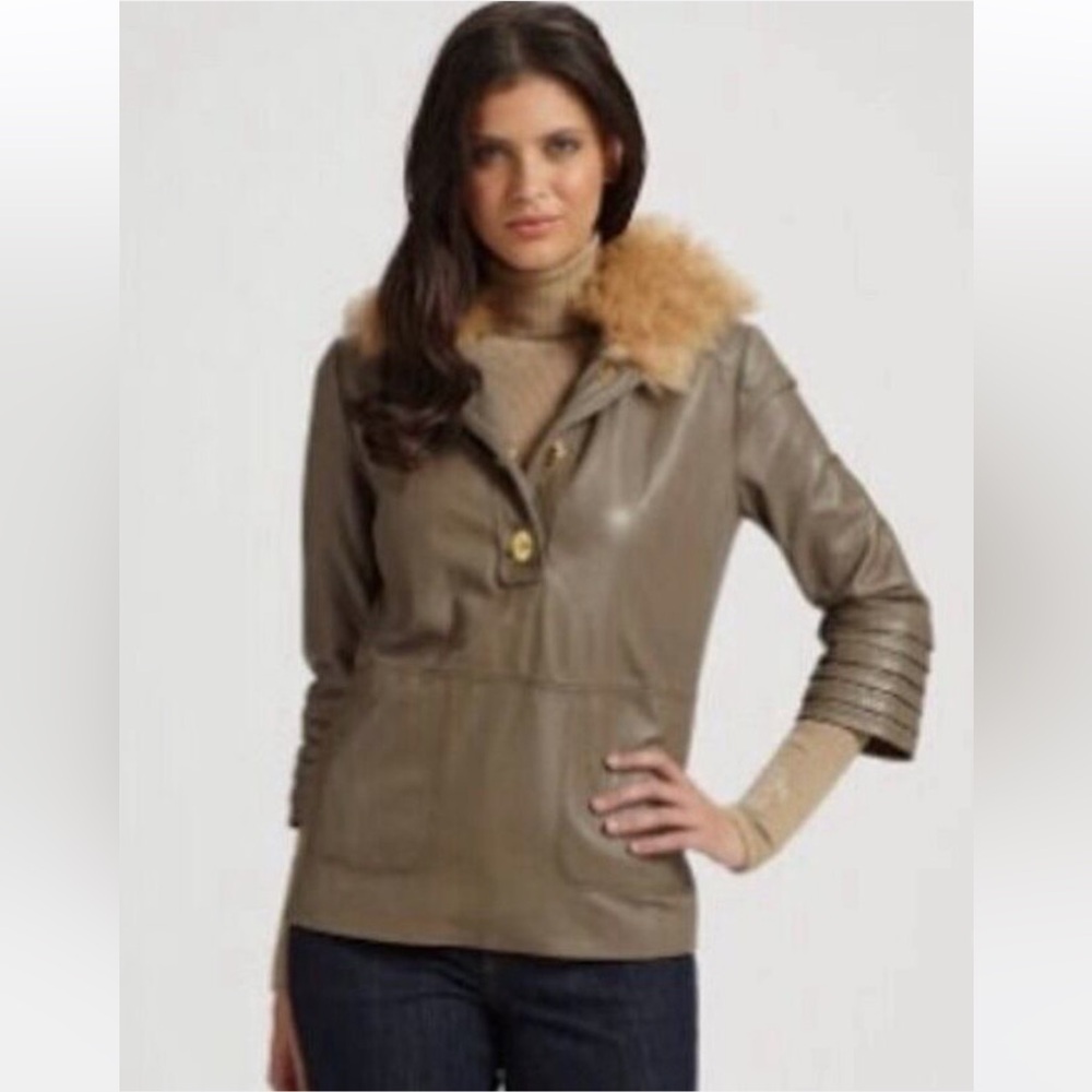 Tory Burch “Sylvia” leather shearling hoodie jacket olive 
Size: Small